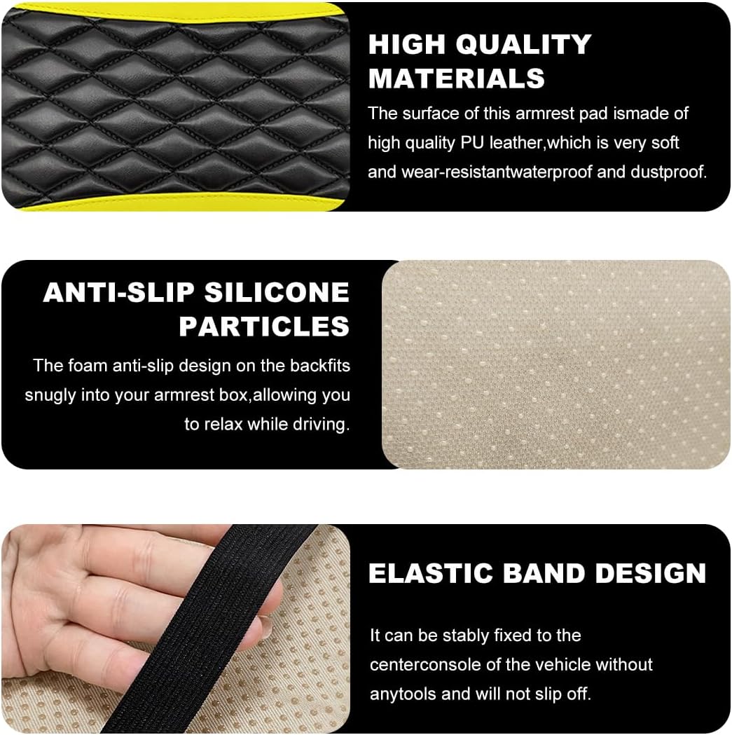 Car Center Console Cushion Pad, 12.6 × 7.48 Inches Waterproof Car Armrest Seat Box Cover, PU Leather Armrest Cover Protector for Most Vehicle, Universal Car Interior Accessories (Black+Yellow)