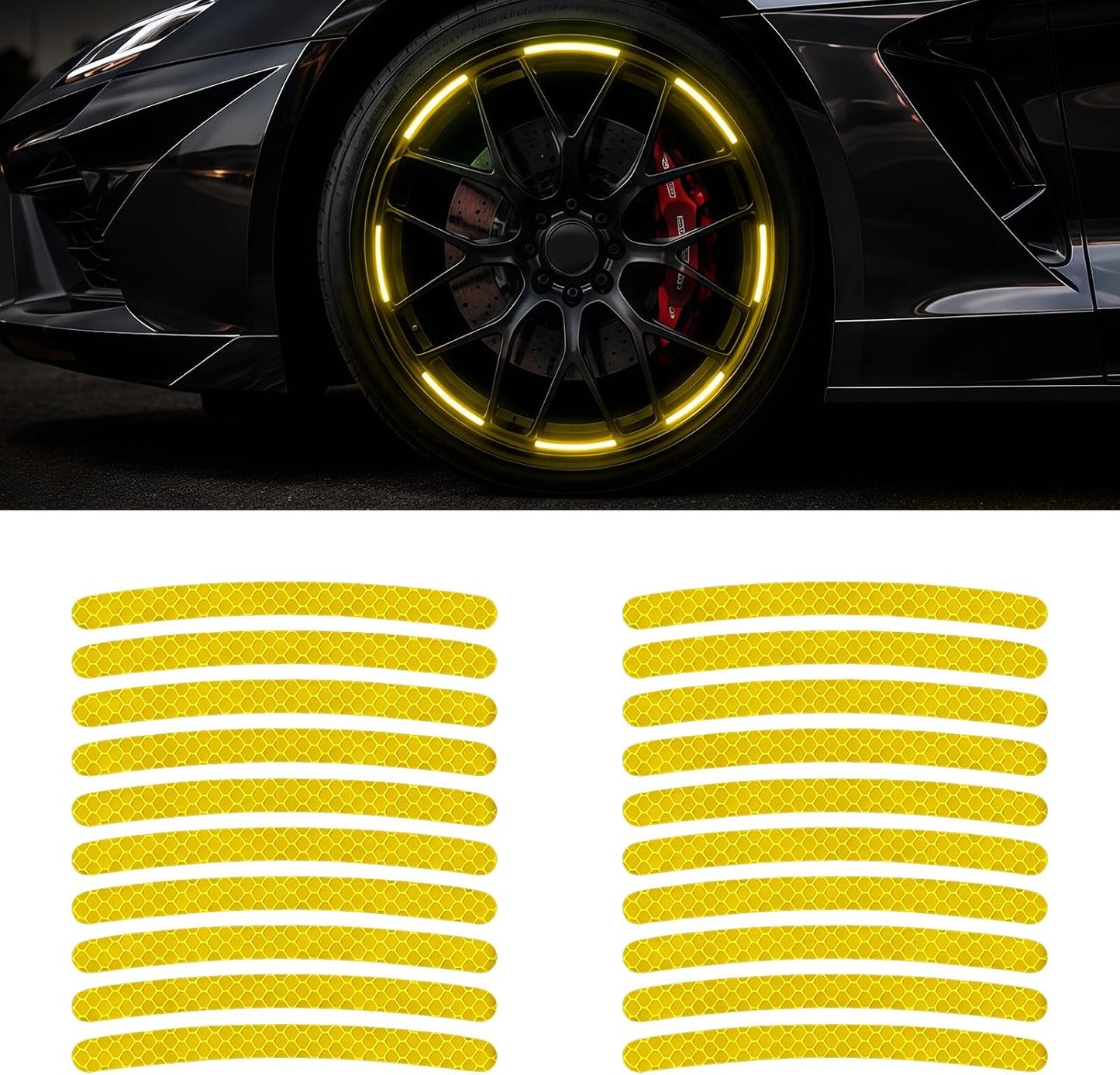 20PCS Reflective Car Wheel Decorative Stripe Stickers, Anti Scratch Vehicle Night Safety Warning Tape Decal, Automotive Exterior Tire Rims Sticker Accessories, Universal Fit (Yellow)
