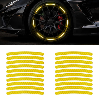20PCS Reflective Car Wheel Decorative Stripe Stickers, Anti Scratch Vehicle Night Safety Warning Tape Decal, Automotive Exterior Tire Rims Sticker Accessories, Universal Fit (Yellow)