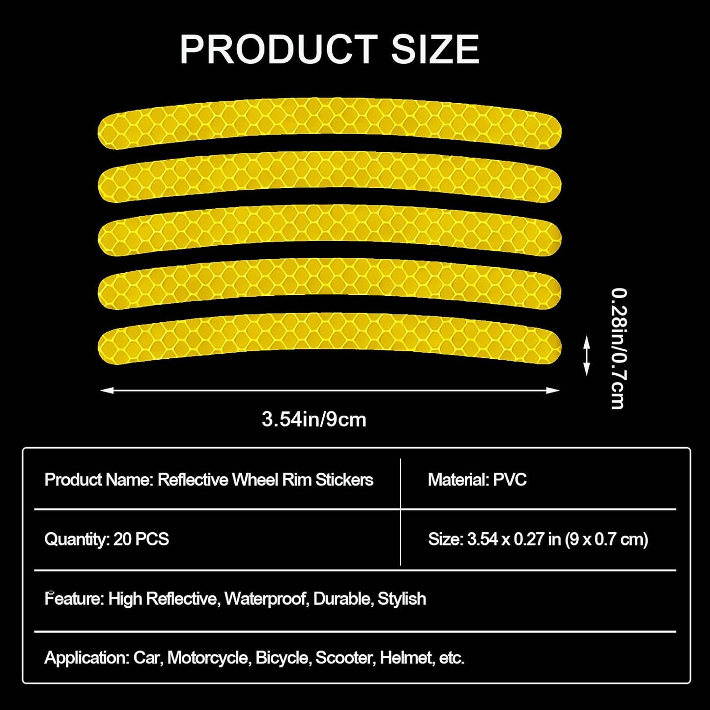 20PCS Reflective Car Wheel Decorative Stripe Stickers, Anti Scratch Vehicle Night Safety Warning Tape Decal, Automotive Exterior Tire Rims Sticker Accessories, Universal Fit (Yellow)