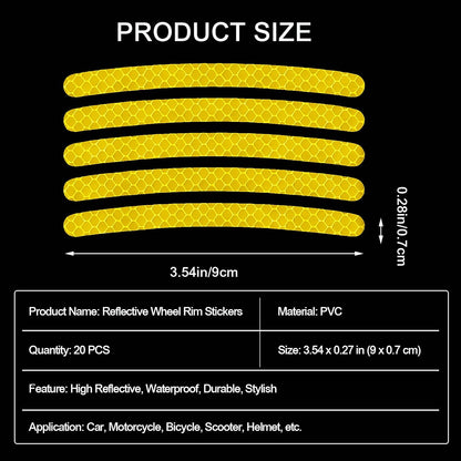 20PCS Reflective Car Wheel Decorative Stripe Stickers, Anti Scratch Vehicle Night Safety Warning Tape Decal, Automotive Exterior Tire Rims Sticker Accessories, Universal Fit (Yellow)