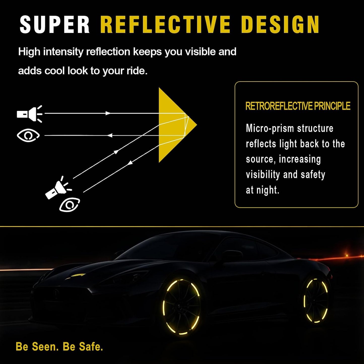 20PCS Reflective Car Wheel Decorative Stripe Stickers, Anti Scratch Vehicle Night Safety Warning Tape Decal, Automotive Exterior Tire Rims Sticker Accessories, Universal Fit (Yellow)