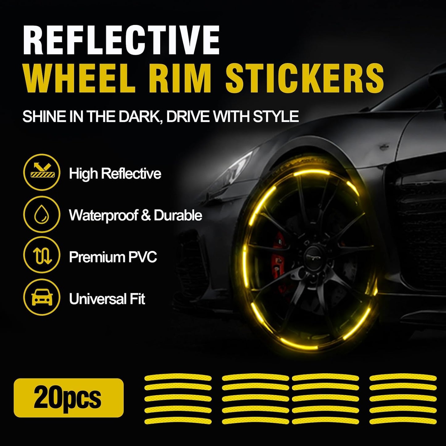 20PCS Reflective Car Wheel Decorative Stripe Stickers, Anti Scratch Vehicle Night Safety Warning Tape Decal, Automotive Exterior Tire Rims Sticker Accessories, Universal Fit (Yellow)