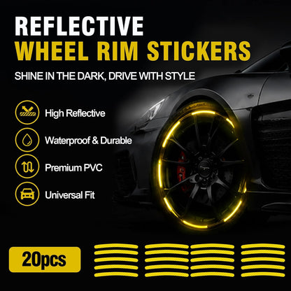 20PCS Reflective Car Wheel Decorative Stripe Stickers, Anti Scratch Vehicle Night Safety Warning Tape Decal, Automotive Exterior Tire Rims Sticker Accessories, Universal Fit (Yellow)