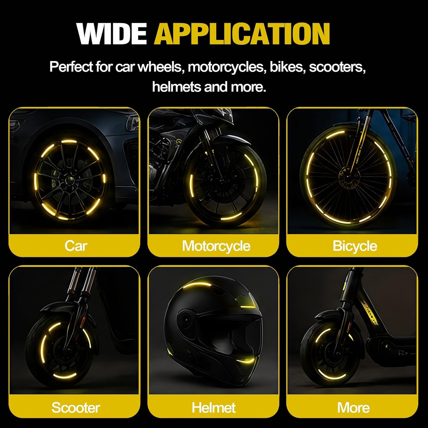 20PCS Reflective Car Wheel Decorative Stripe Stickers, Anti Scratch Vehicle Night Safety Warning Tape Decal, Automotive Exterior Tire Rims Sticker Accessories, Universal Fit (Yellow)