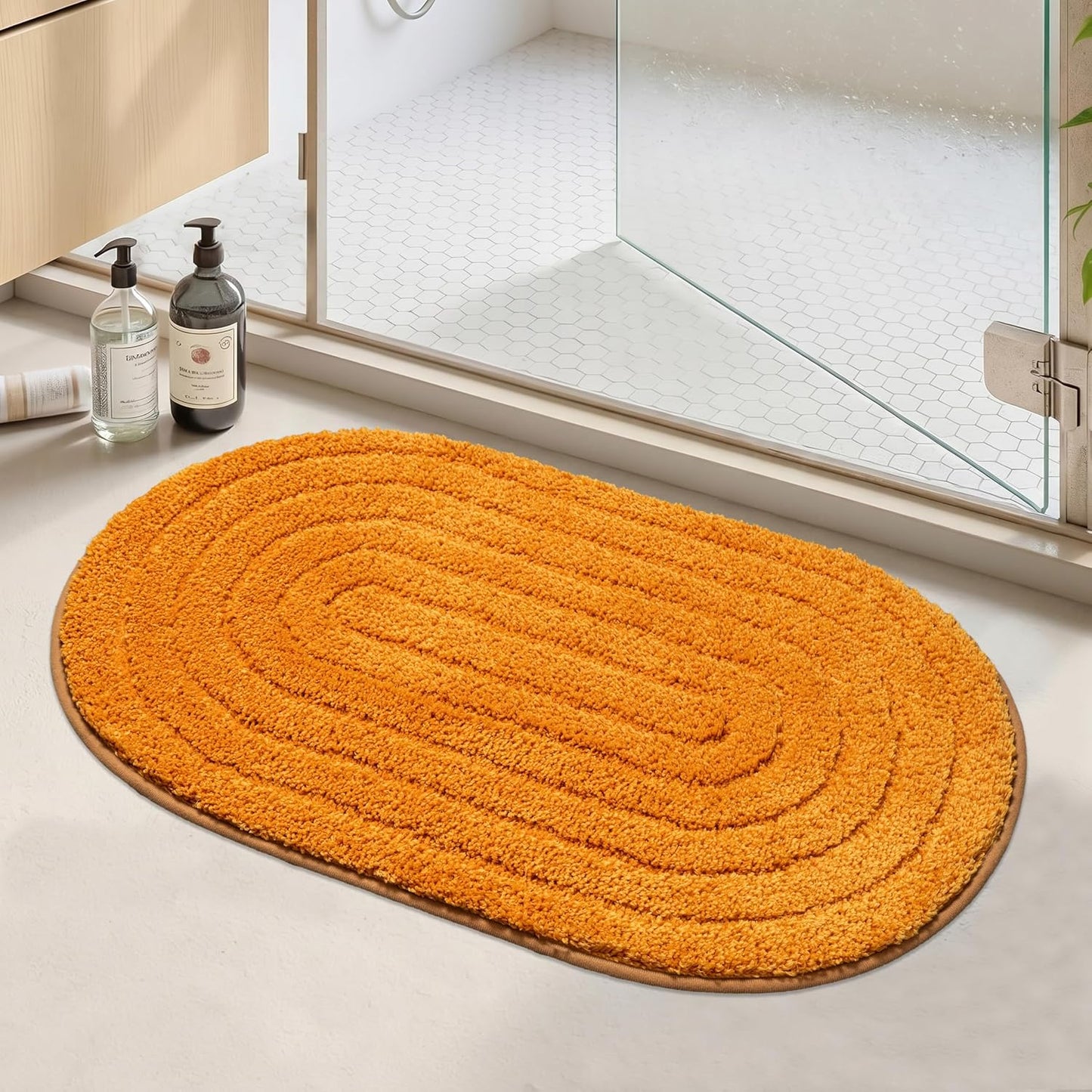 Oval Bathroom Rug Non Slip Absorbent, Ultra Luxury Fluffy Microfiber Farmhouse Bath Rug, Cute Neutral Aesthetic Bath Mat for Bathroom, Bathtub, Machine Washable, Yellow, 20"" x32
