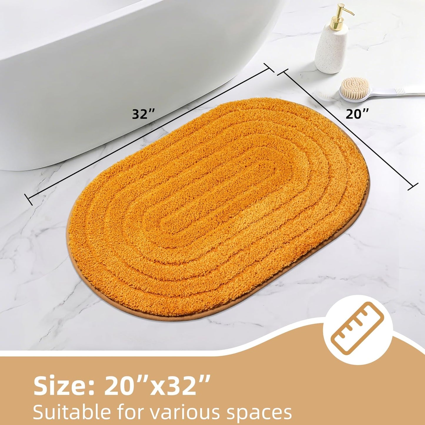 Oval Bathroom Rug Non Slip Absorbent, Ultra Luxury Fluffy Microfiber Farmhouse Bath Rug, Cute Neutral Aesthetic Bath Mat for Bathroom, Bathtub, Machine Washable, Yellow, 20"" x32
