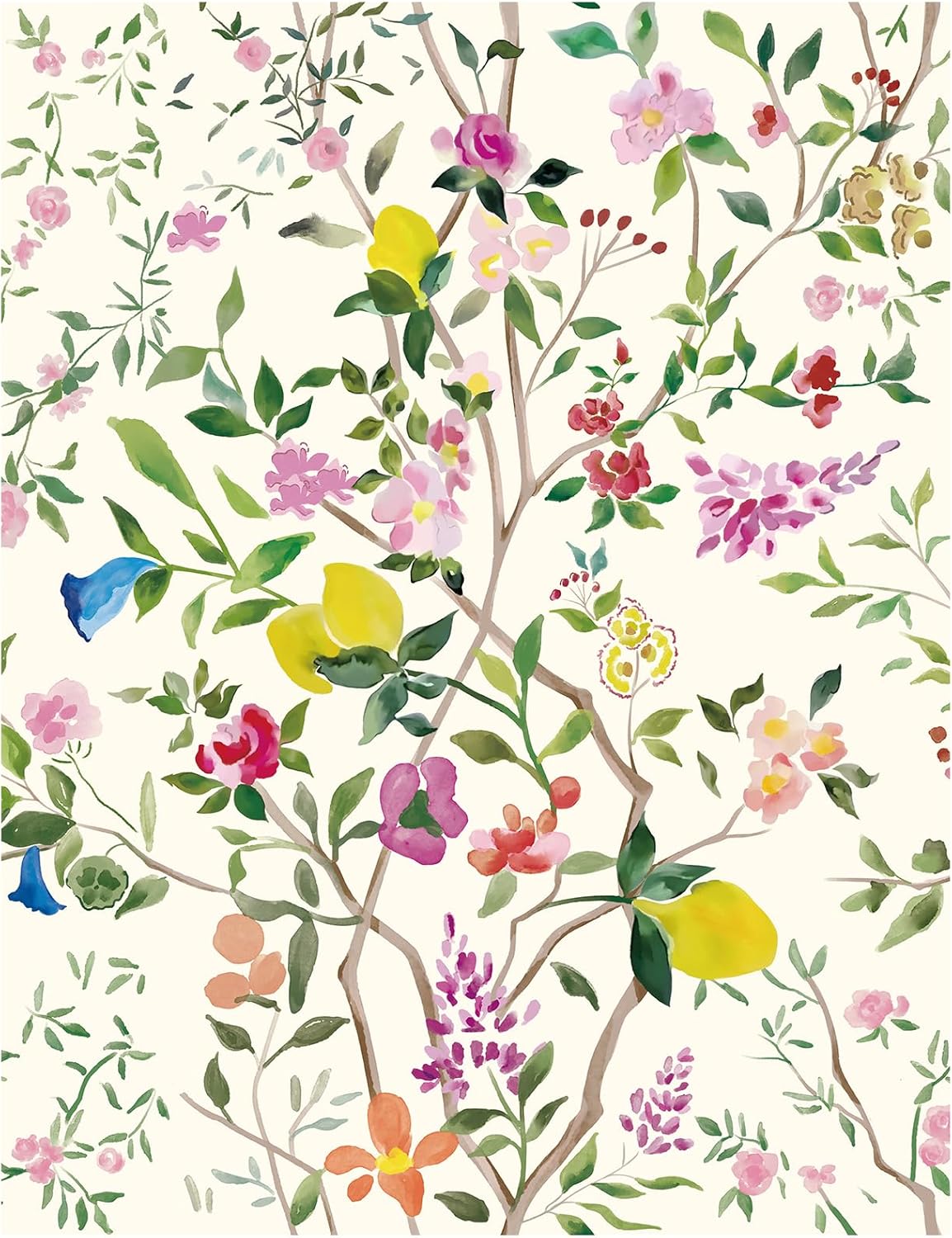 Peel and Stick Wallpaper Floral Chinoiserie Frensh Farmhouse Wall Paper Lemon Removable for Bedroom White/Pink/Green Nursery Kids Room 17.3in x 9.8ft