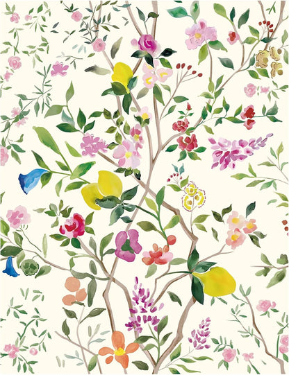 Peel and Stick Wallpaper Floral Chinoiserie Frensh Farmhouse Wall Paper Lemon Removable for Bedroom White/Pink/Green Nursery Kids Room 17.3in x 9.8ft