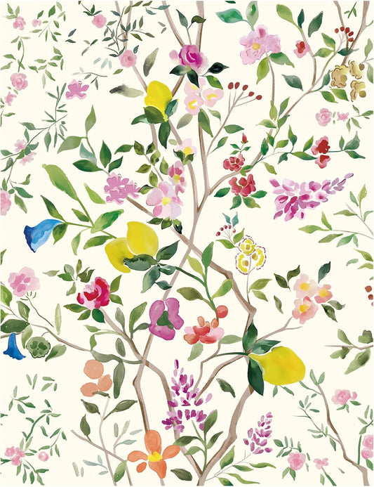 Peel and Stick Wallpaper Floral Chinoiserie Frensh Farmhouse Wall Paper Lemon Removable for Bedroom White/Pink/Green Nursery Kids Room 17.3in x 9.8ft