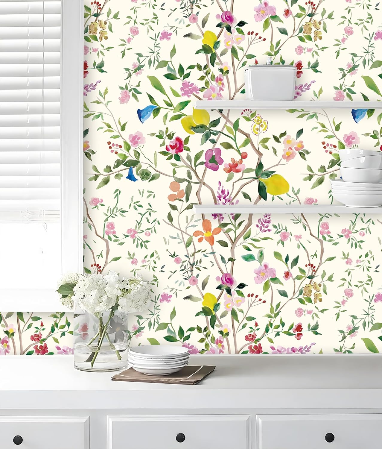 Peel and Stick Wallpaper Floral Chinoiserie Frensh Farmhouse Wall Paper Lemon Removable for Bedroom White/Pink/Green Nursery Kids Room 17.3in x 9.8ft