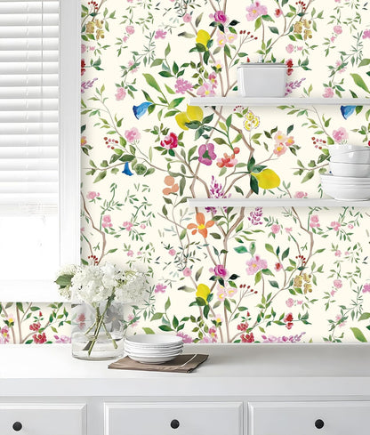 Peel and Stick Wallpaper Floral Chinoiserie Frensh Farmhouse Wall Paper Lemon Removable for Bedroom White/Pink/Green Nursery Kids Room 17.3in x 9.8ft