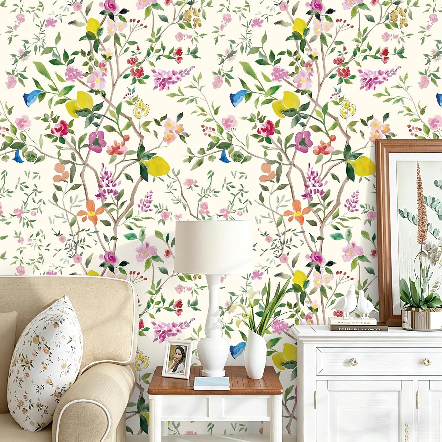 Peel and Stick Wallpaper Floral Chinoiserie Frensh Farmhouse Wall Paper Lemon Removable for Bedroom White/Pink/Green Nursery Kids Room 17.3in x 9.8ft
