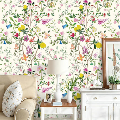 Peel and Stick Wallpaper Floral Chinoiserie Frensh Farmhouse Wall Paper Lemon Removable for Bedroom White/Pink/Green Nursery Kids Room 17.3in x 9.8ft
