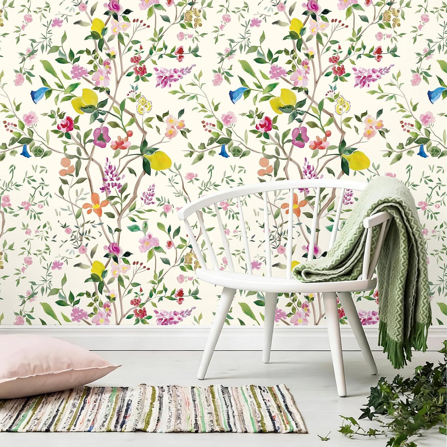 Peel and Stick Wallpaper Floral Chinoiserie Frensh Farmhouse Wall Paper Lemon Removable for Bedroom White/Pink/Green Nursery Kids Room 17.3in x 9.8ft