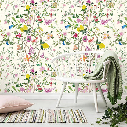 Peel and Stick Wallpaper Floral Chinoiserie Frensh Farmhouse Wall Paper Lemon Removable for Bedroom White/Pink/Green Nursery Kids Room 17.3in x 9.8ft