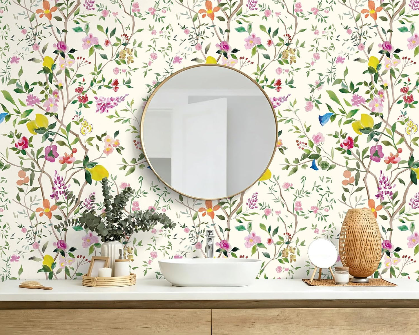 Peel and Stick Wallpaper Floral Chinoiserie Frensh Farmhouse Wall Paper Lemon Removable for Bedroom White/Pink/Green Nursery Kids Room 17.3in x 9.8ft