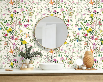 Peel and Stick Wallpaper Floral Chinoiserie Frensh Farmhouse Wall Paper Lemon Removable for Bedroom White/Pink/Green Nursery Kids Room 17.3in x 9.8ft
