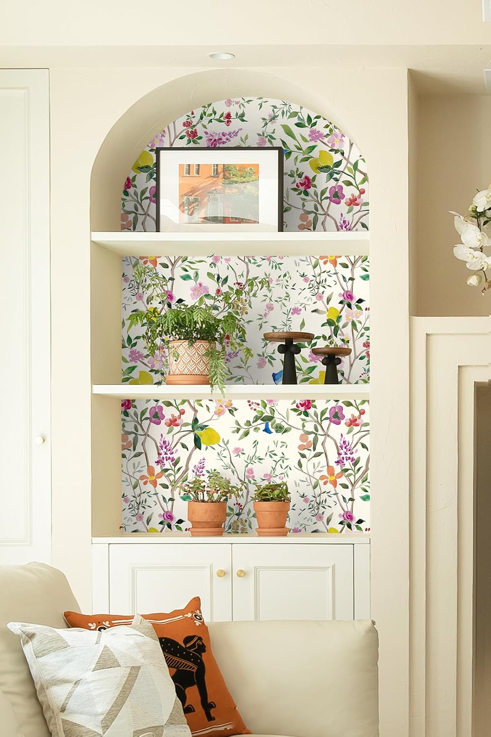 Peel and Stick Wallpaper Floral Chinoiserie Frensh Farmhouse Wall Paper Lemon Removable for Bedroom White/Pink/Green Nursery Kids Room 17.3in x 9.8ft