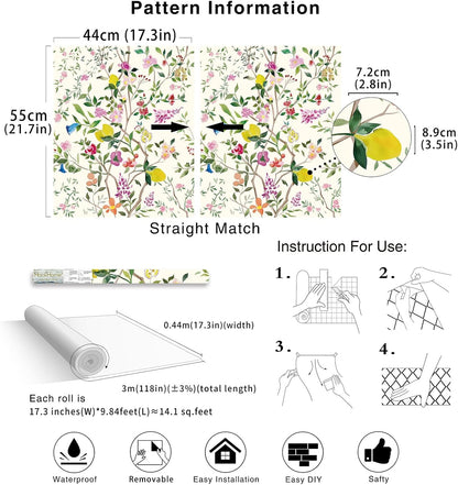 Peel and Stick Wallpaper Floral Chinoiserie Frensh Farmhouse Wall Paper Lemon Removable for Bedroom White/Pink/Green Nursery Kids Room 17.3in x 9.8ft