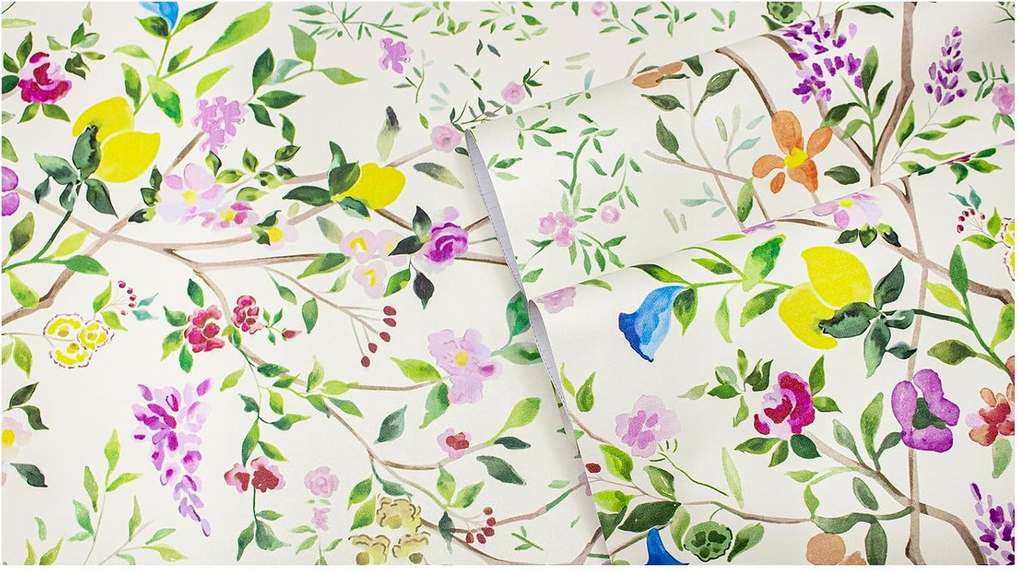 Peel and Stick Wallpaper Floral Chinoiserie Frensh Farmhouse Wall Paper Lemon Removable for Bedroom White/Pink/Green Nursery Kids Room 17.3in x 9.8ft