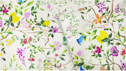 Peel and Stick Wallpaper Floral Chinoiserie Frensh Farmhouse Wall Paper Lemon Removable for Bedroom White/Pink/Green Nursery Kids Room 17.3in x 9.8ft