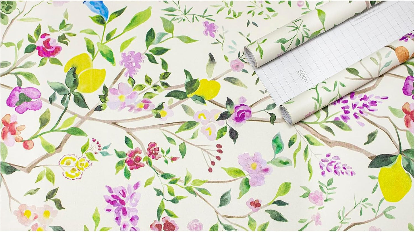 Peel and Stick Wallpaper Floral Chinoiserie Frensh Farmhouse Wall Paper Lemon Removable for Bedroom White/Pink/Green Nursery Kids Room 17.3in x 9.8ft