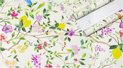 Peel and Stick Wallpaper Floral Chinoiserie Frensh Farmhouse Wall Paper Lemon Removable for Bedroom White/Pink/Green Nursery Kids Room 17.3in x 9.8ft