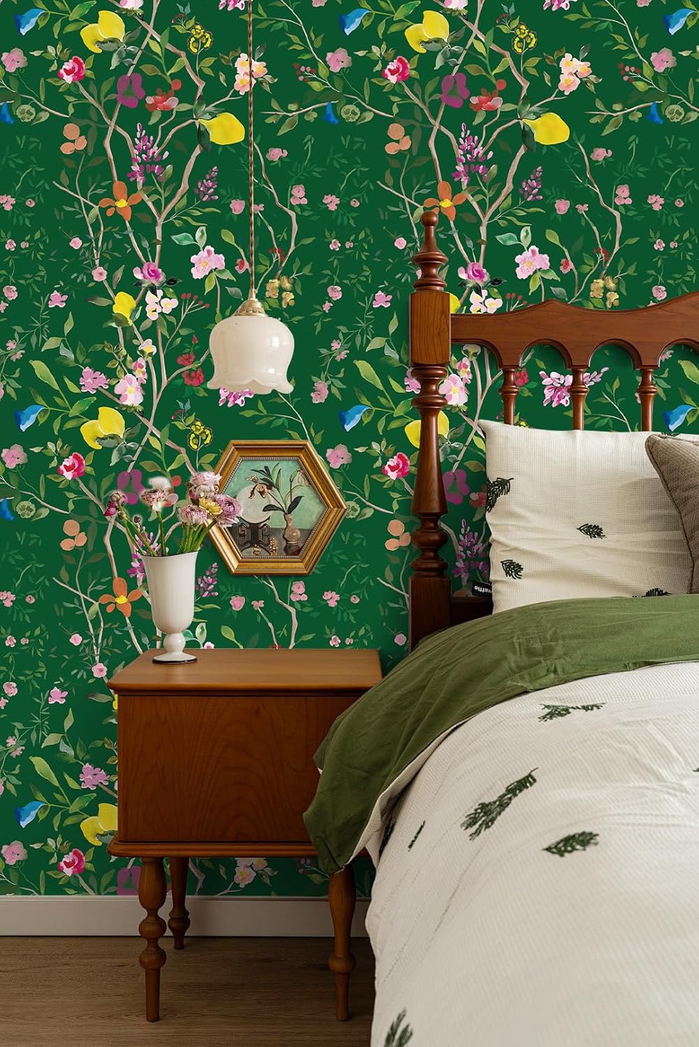 Peel and Stick Wallpaper Floral Chinoiserie Frensh Farmhouse Wall Paper Lemon Removable for Bedroom White/Pink/Green Nursery Kids Room 17.3in x 9.8ft