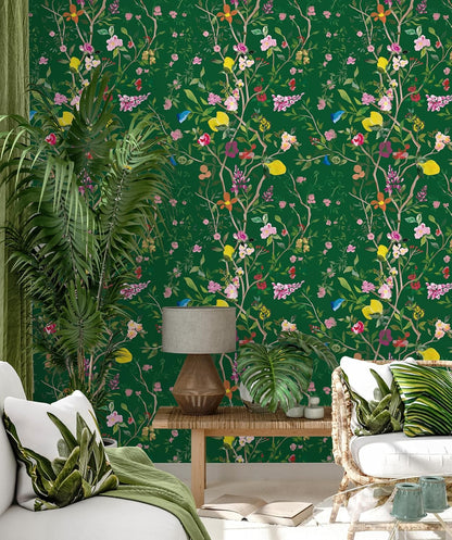 Peel and Stick Wallpaper Floral Chinoiserie Frensh Farmhouse Wall Paper Lemon Removable for Bedroom White/Pink/Green Nursery Kids Room 17.3in x 9.8ft