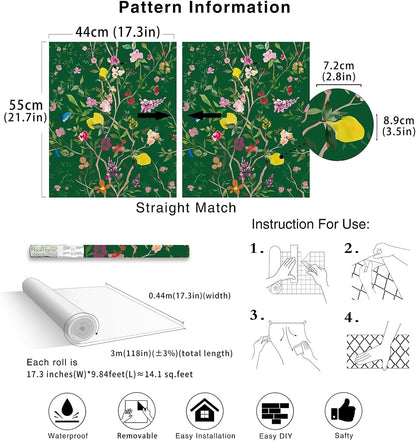 Peel and Stick Wallpaper Floral Chinoiserie Frensh Farmhouse Wall Paper Lemon Removable for Bedroom White/Pink/Green Nursery Kids Room 17.3in x 9.8ft