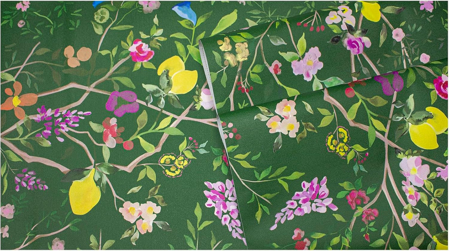 Peel and Stick Wallpaper Floral Chinoiserie Frensh Farmhouse Wall Paper Lemon Removable for Bedroom White/Pink/Green Nursery Kids Room 17.3in x 9.8ft
