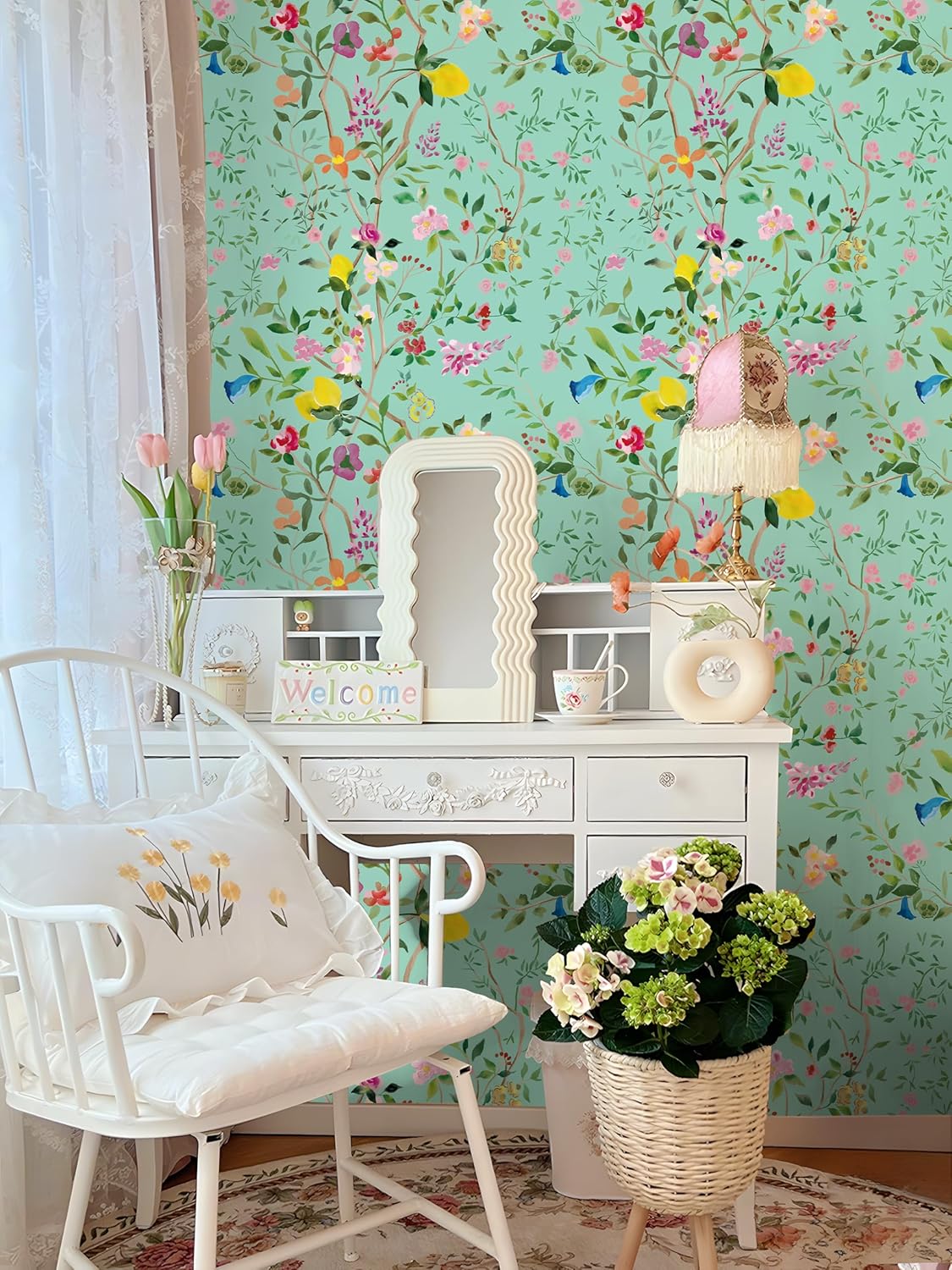 Peel and Stick Wallpaper Floral Chinoiserie Frensh Farmhouse Wall Paper Lemon Removable for Bedroom White/Pink/Green Nursery Kids Room 17.3in x 9.8ft