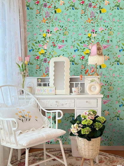 Peel and Stick Wallpaper Floral Chinoiserie Frensh Farmhouse Wall Paper Lemon Removable for Bedroom White/Pink/Green Nursery Kids Room 17.3in x 9.8ft