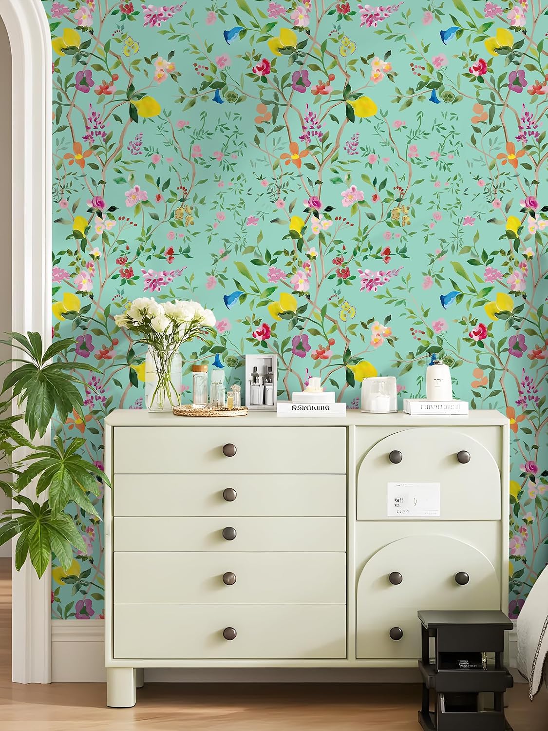 Peel and Stick Wallpaper Floral Chinoiserie Frensh Farmhouse Wall Paper Lemon Removable for Bedroom White/Pink/Green Nursery Kids Room 17.3in x 9.8ft
