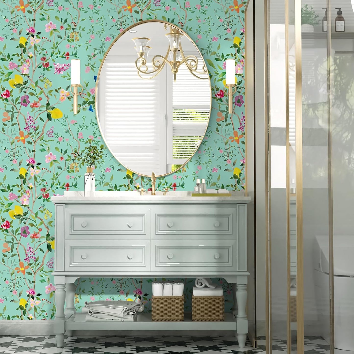 Peel and Stick Wallpaper Floral Chinoiserie Frensh Farmhouse Wall Paper Lemon Removable for Bedroom White/Pink/Green Nursery Kids Room 17.3in x 9.8ft