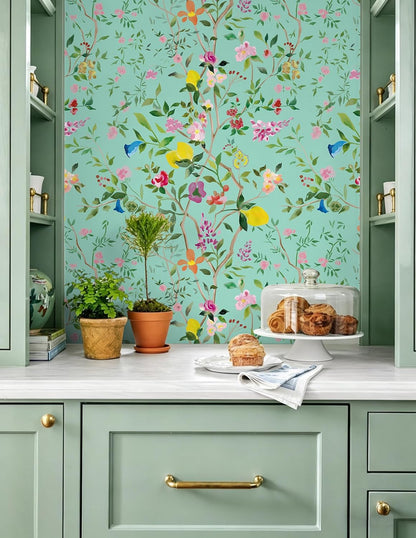 Peel and Stick Wallpaper Floral Chinoiserie Frensh Farmhouse Wall Paper Lemon Removable for Bedroom White/Pink/Green Nursery Kids Room 17.3in x 9.8ft
