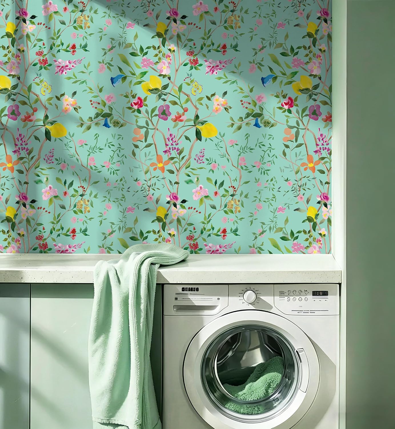 Peel and Stick Wallpaper Floral Chinoiserie Frensh Farmhouse Wall Paper Lemon Removable for Bedroom White/Pink/Green Nursery Kids Room 17.3in x 9.8ft
