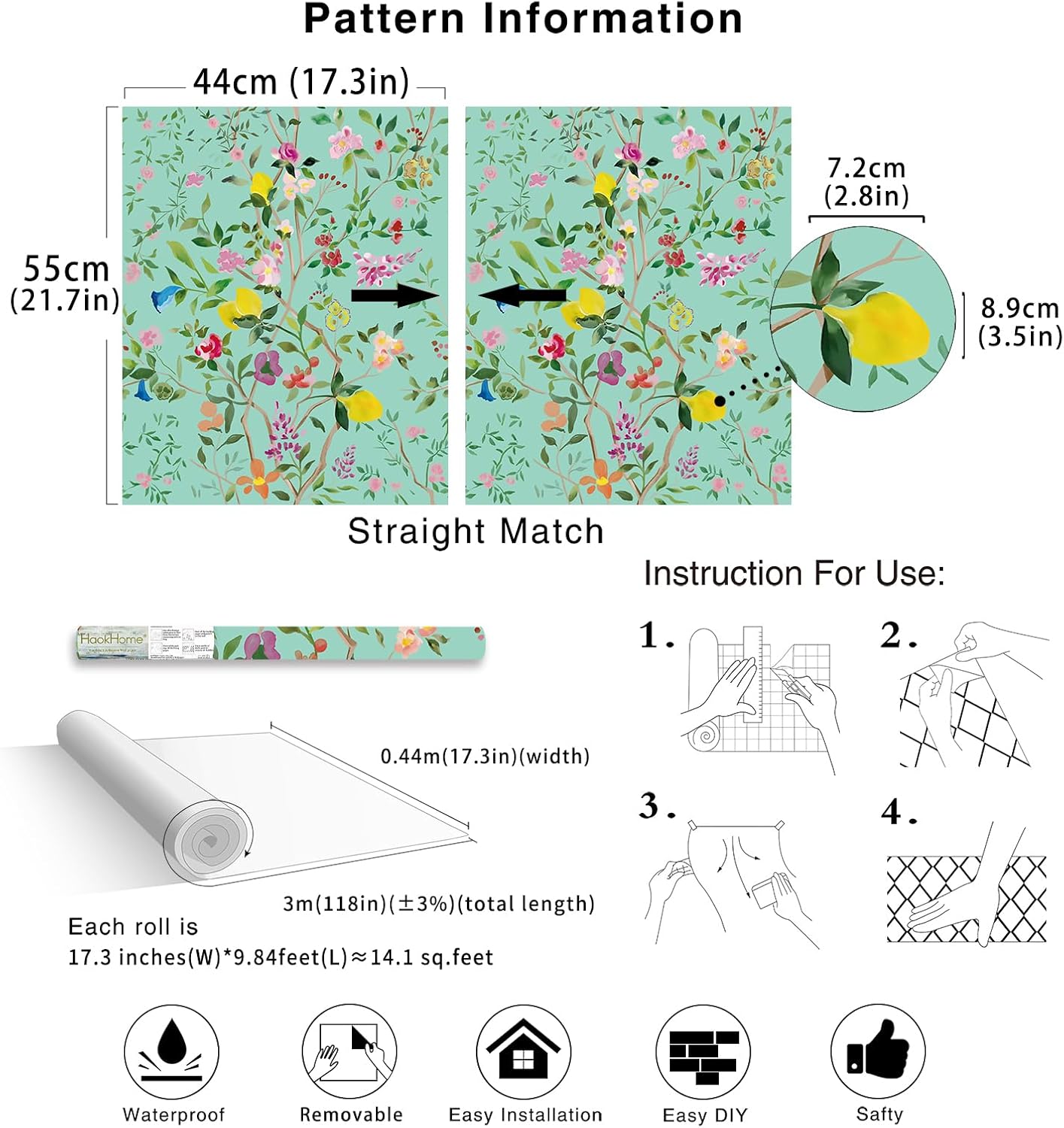Peel and Stick Wallpaper Floral Chinoiserie Frensh Farmhouse Wall Paper Lemon Removable for Bedroom White/Pink/Green Nursery Kids Room 17.3in x 9.8ft