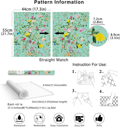 Peel and Stick Wallpaper Floral Chinoiserie Frensh Farmhouse Wall Paper Lemon Removable for Bedroom White/Pink/Green Nursery Kids Room 17.3in x 9.8ft