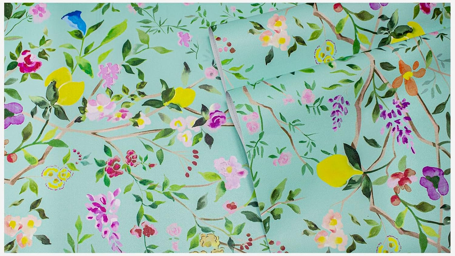 Peel and Stick Wallpaper Floral Chinoiserie Frensh Farmhouse Wall Paper Lemon Removable for Bedroom White/Pink/Green Nursery Kids Room 17.3in x 9.8ft