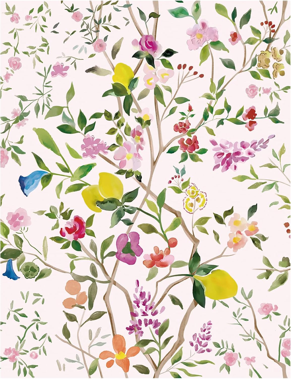 Peel and Stick Wallpaper Floral Chinoiserie Frensh Farmhouse Wall Paper Lemon Removable for Bedroom White/Pink/Green Nursery Kids Room 17.3in x 9.8ft