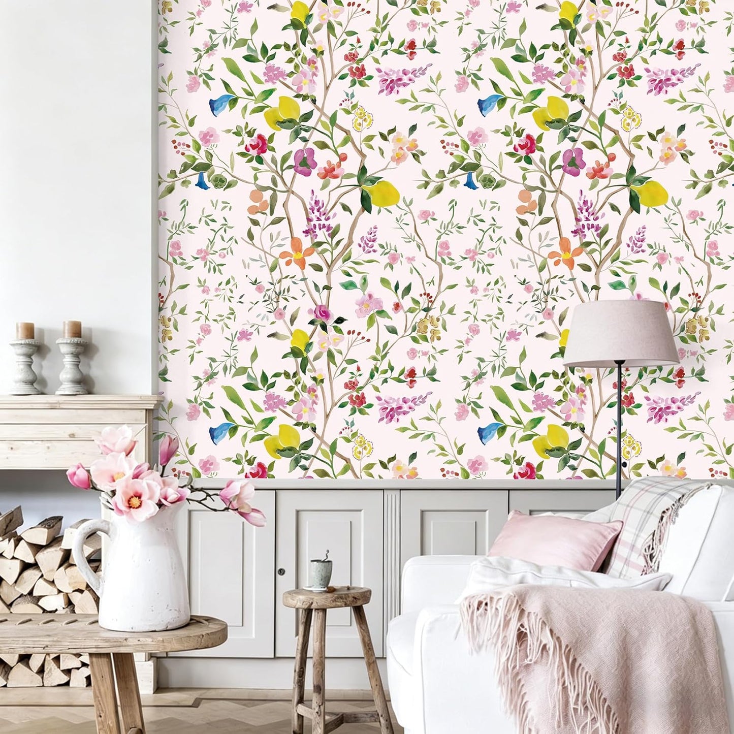 Peel and Stick Wallpaper Floral Chinoiserie Frensh Farmhouse Wall Paper Lemon Removable for Bedroom White/Pink/Green Nursery Kids Room 17.3in x 9.8ft