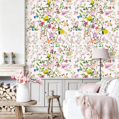 Peel and Stick Wallpaper Floral Chinoiserie Frensh Farmhouse Wall Paper Lemon Removable for Bedroom White/Pink/Green Nursery Kids Room 17.3in x 9.8ft