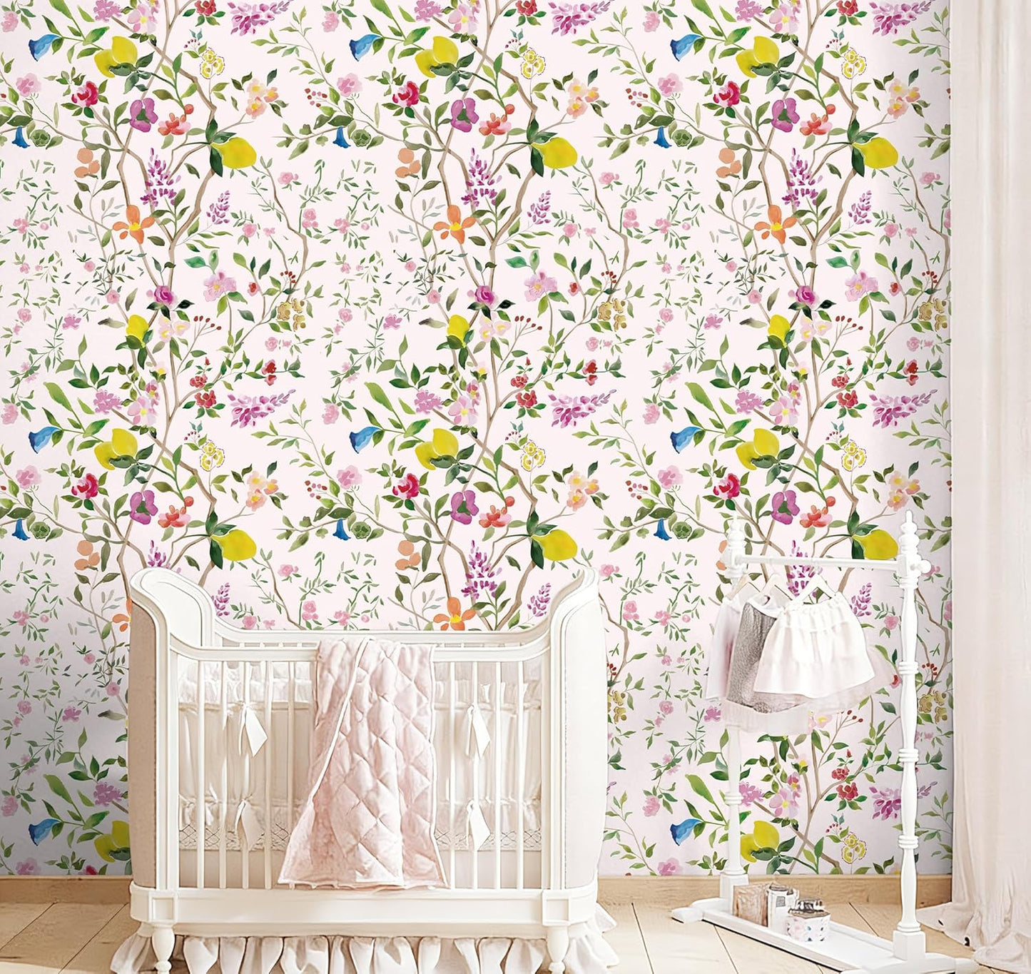 Peel and Stick Wallpaper Floral Chinoiserie Frensh Farmhouse Wall Paper Lemon Removable for Bedroom White/Pink/Green Nursery Kids Room 17.3in x 9.8ft