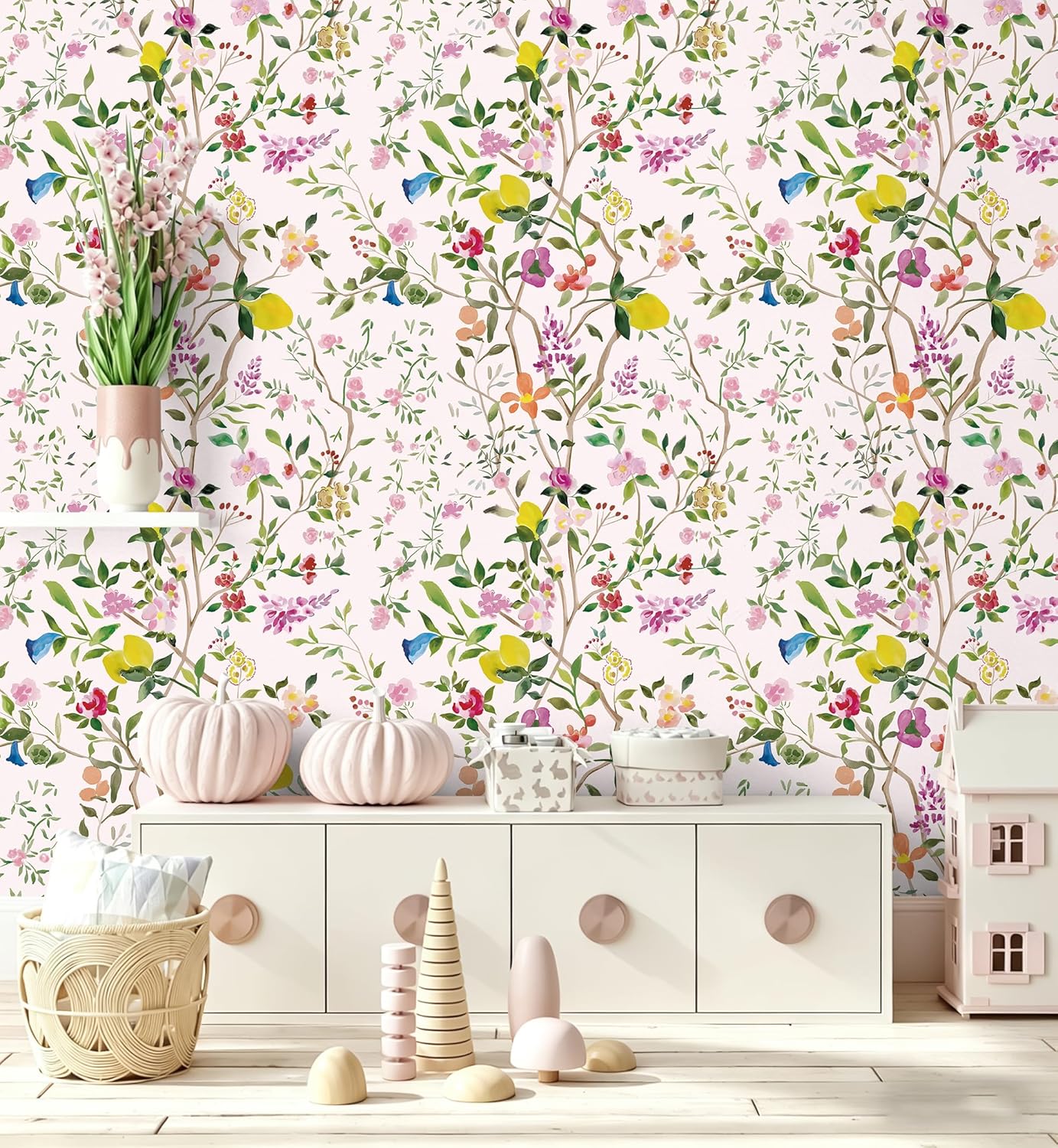 Peel and Stick Wallpaper Floral Chinoiserie Frensh Farmhouse Wall Paper Lemon Removable for Bedroom White/Pink/Green Nursery Kids Room 17.3in x 9.8ft
