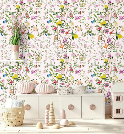 Peel and Stick Wallpaper Floral Chinoiserie Frensh Farmhouse Wall Paper Lemon Removable for Bedroom White/Pink/Green Nursery Kids Room 17.3in x 9.8ft