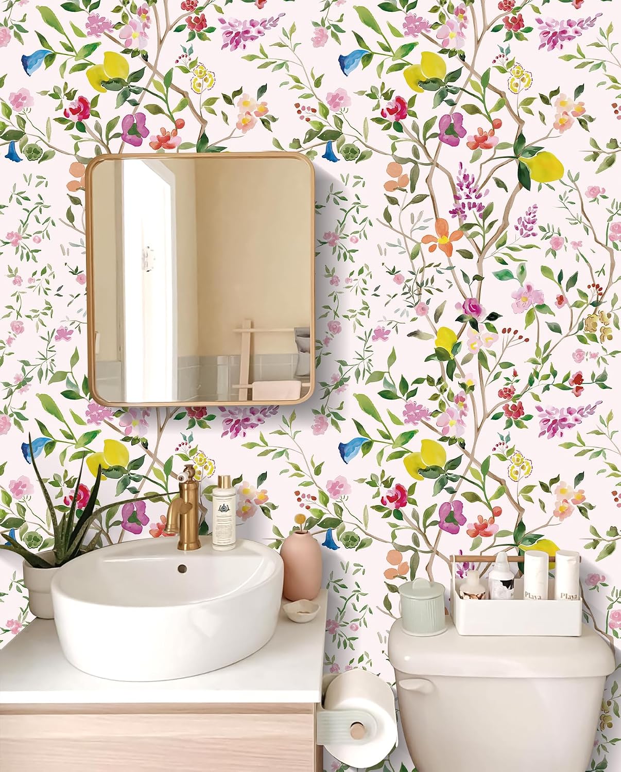 Peel and Stick Wallpaper Floral Chinoiserie Frensh Farmhouse Wall Paper Lemon Removable for Bedroom White/Pink/Green Nursery Kids Room 17.3in x 9.8ft