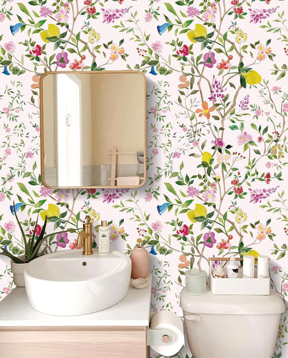 Peel and Stick Wallpaper Floral Chinoiserie Frensh Farmhouse Wall Paper Lemon Removable for Bedroom White/Pink/Green Nursery Kids Room 17.3in x 9.8ft