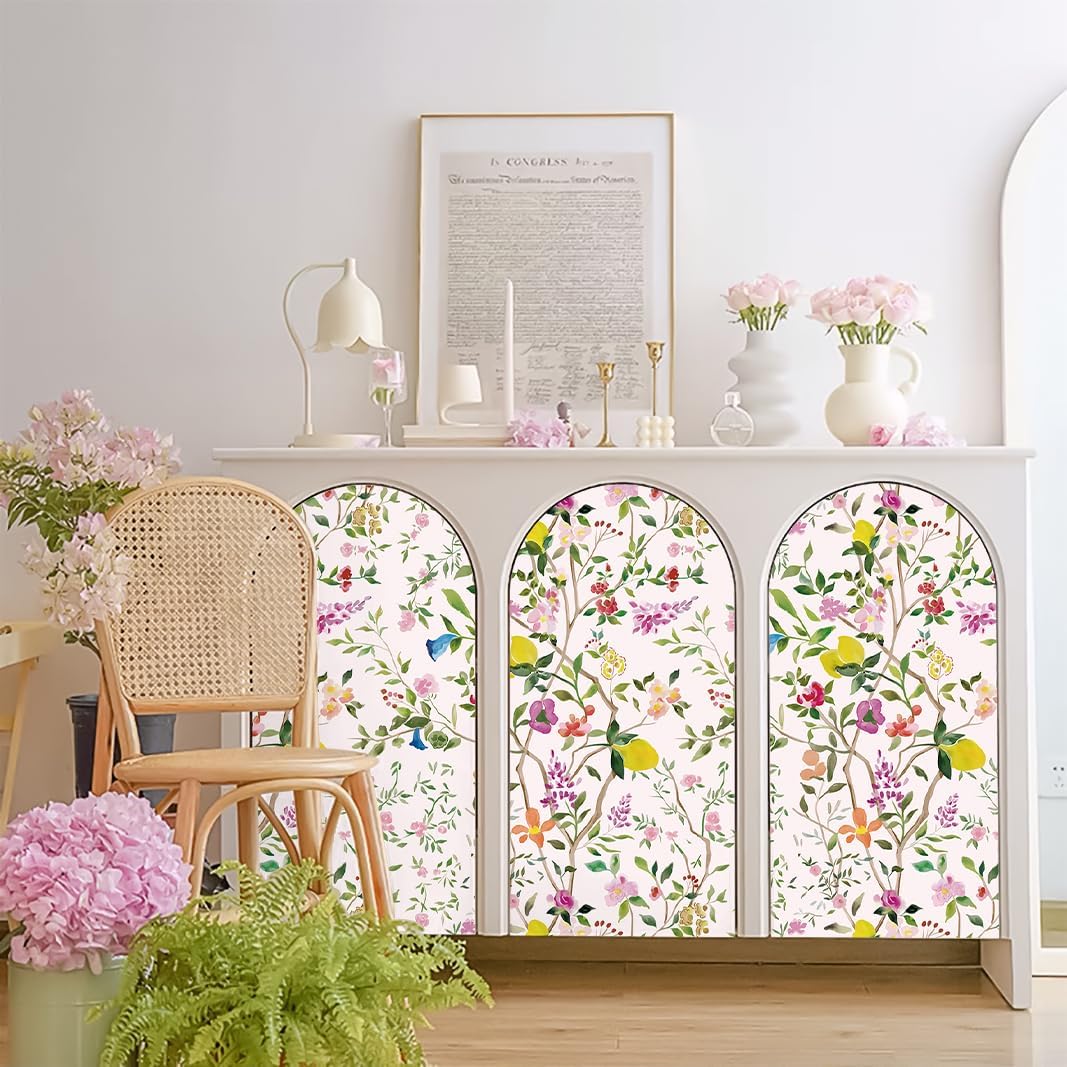 Peel and Stick Wallpaper Floral Chinoiserie Frensh Farmhouse Wall Paper Lemon Removable for Bedroom White/Pink/Green Nursery Kids Room 17.3in x 9.8ft